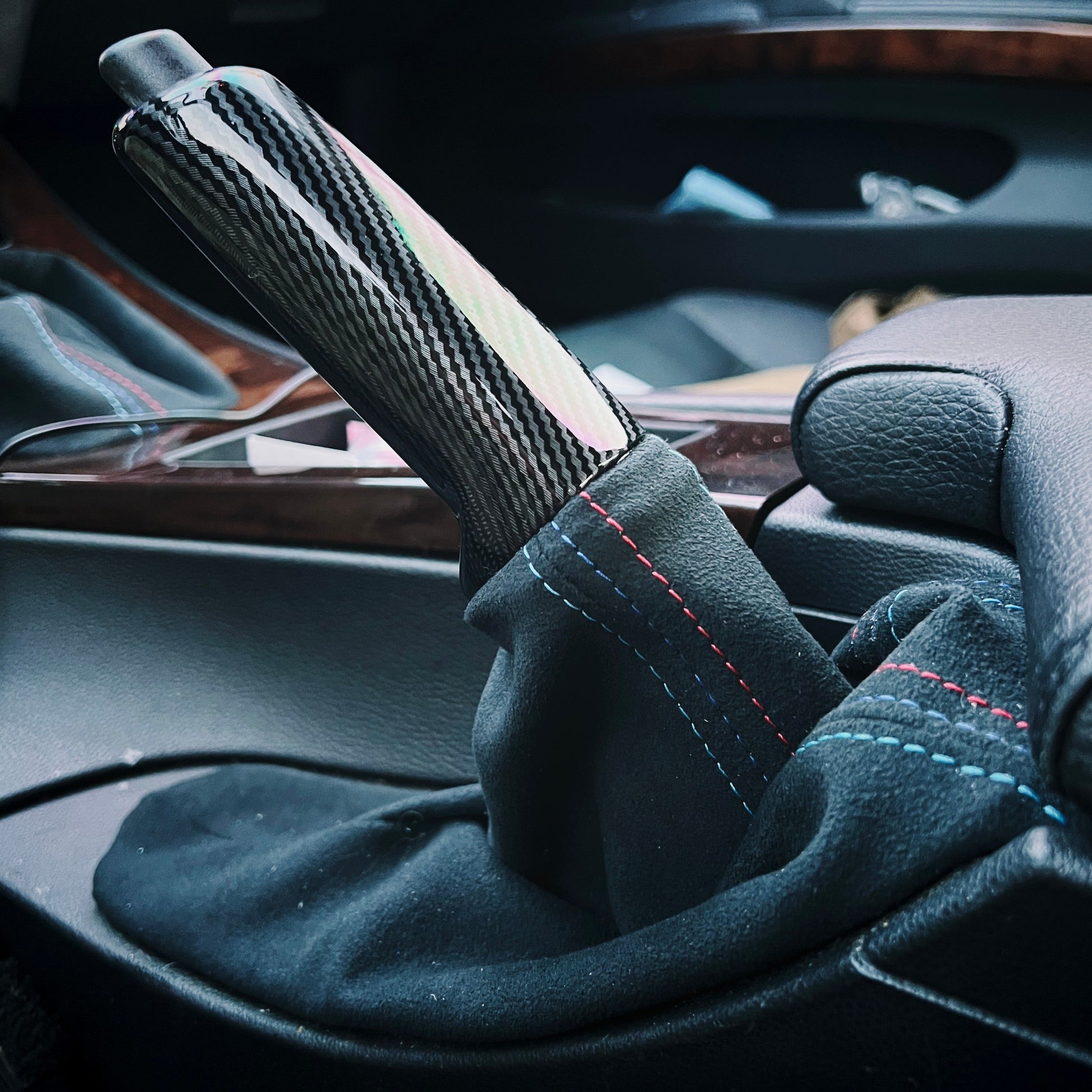 Exclusive Option - The perfect Alcantara starter set for any #997 #987  owner. Alcantara shiftboot, e-brake handle, and e-brake banana covering  featuring deviated stitching to match your interior. Perfect complement for  other